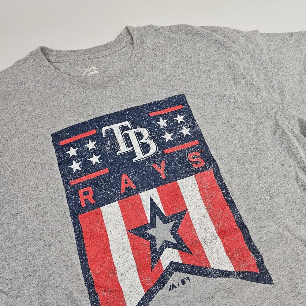 Tampa Bay Rays Majestic T-Shirt Men's XL Gray Patriotic Stars Stripes MLB